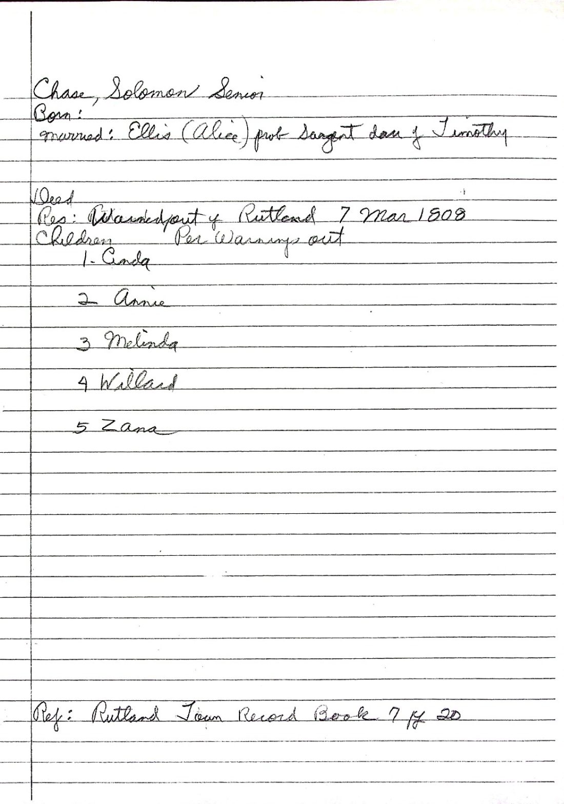 CHASE, Solomon (n.d.) warned out of Rutland 1808